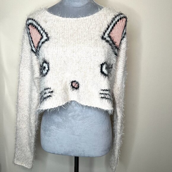 Wildfox Fuzzy Cat Sweater Size XS Cream Pink Faux Fur Wool Blend Animal Gift S - Picture 1 of 11